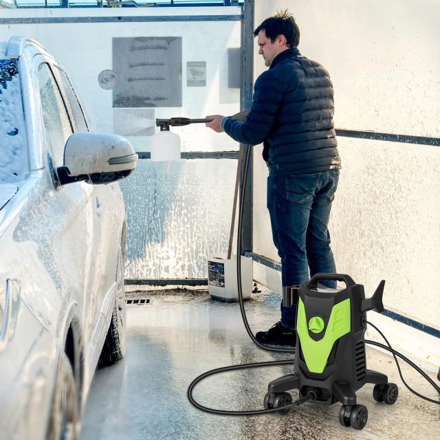 Electric Pressure Washer with 4 Universal Wheels, 2400 PSI High Pressure Cleaner Machine with 4 Nozzles and Soap Bottle