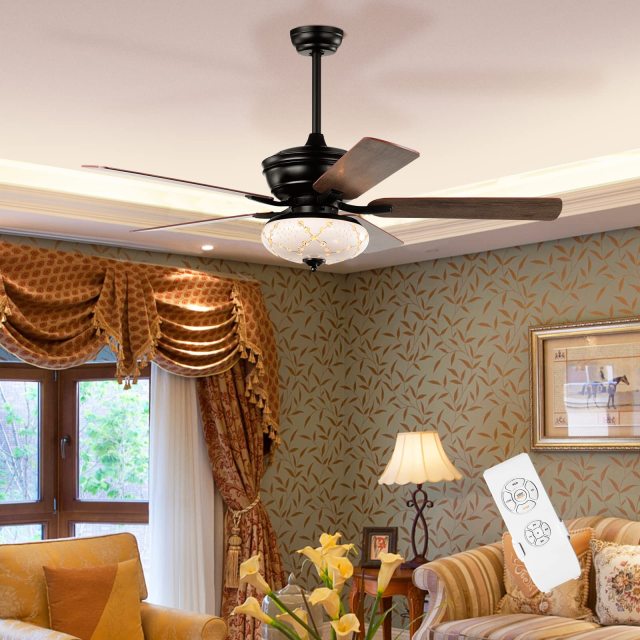 52-Inch Ceiling Fan with Remote Control, Crystal Ceiling Fan with 3 Wind Speeds and 5 Reversible Blades