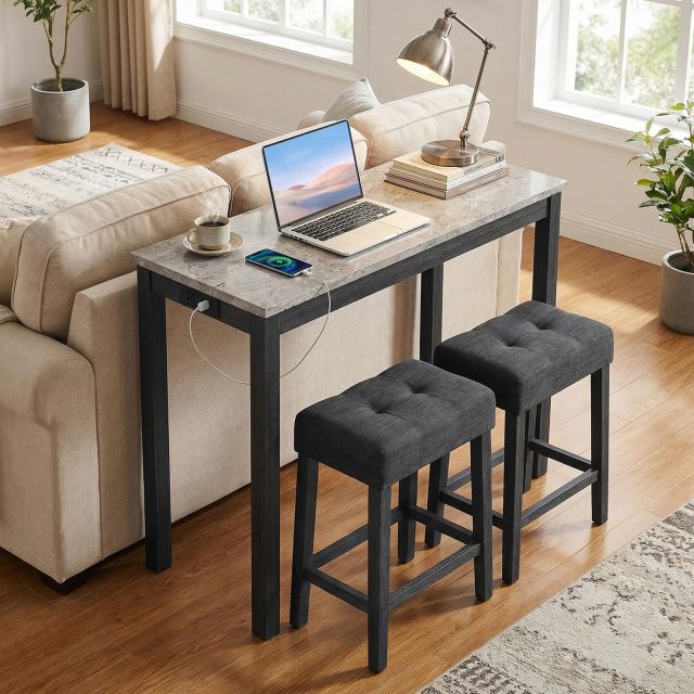 3-Piece Bar Table Set with Charging Station Wooden Console Table Set for Living Room