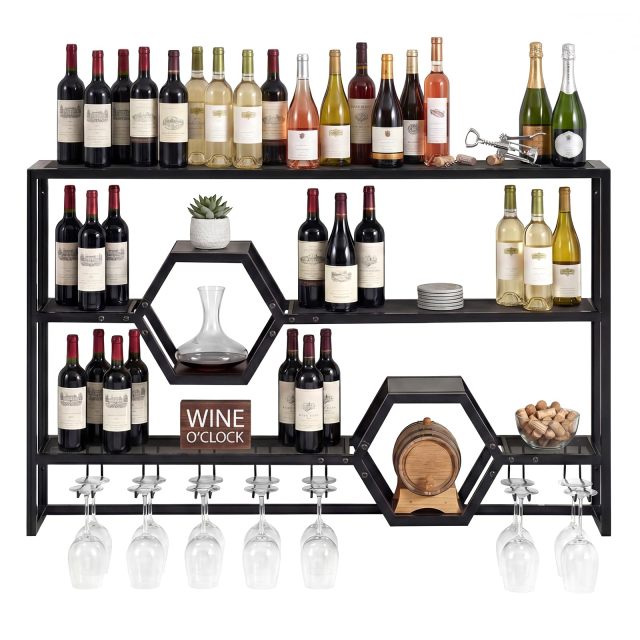 Wall Mounted Wine Rack 3-Tier Metal Modern Liquor Shelves
