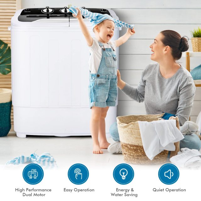 Portable Washing Machine, Twin Tub 13Lbs Capacity Washer 8Lbs and Spinner 5Lbs with Control Knobs