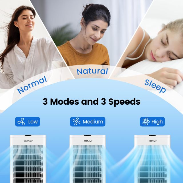 Evaporative Air Cooler, 3-in-1 Quiet 60° Oscillation Fan with Remote Control, 2 Ice Packs, 3 Speeds, 3 Modes, 12H Timer