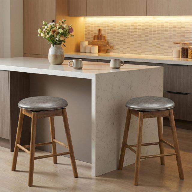 Round PU Leather 25 inch Counter Height Chairs with Rubber Wood Frames