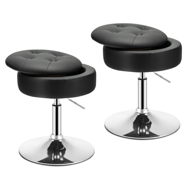 Adjustable Swivel Vanity Stool 360° Swivel 20"-26" Height Adjustable Tufted Round PU Leather Ottoman with Storage