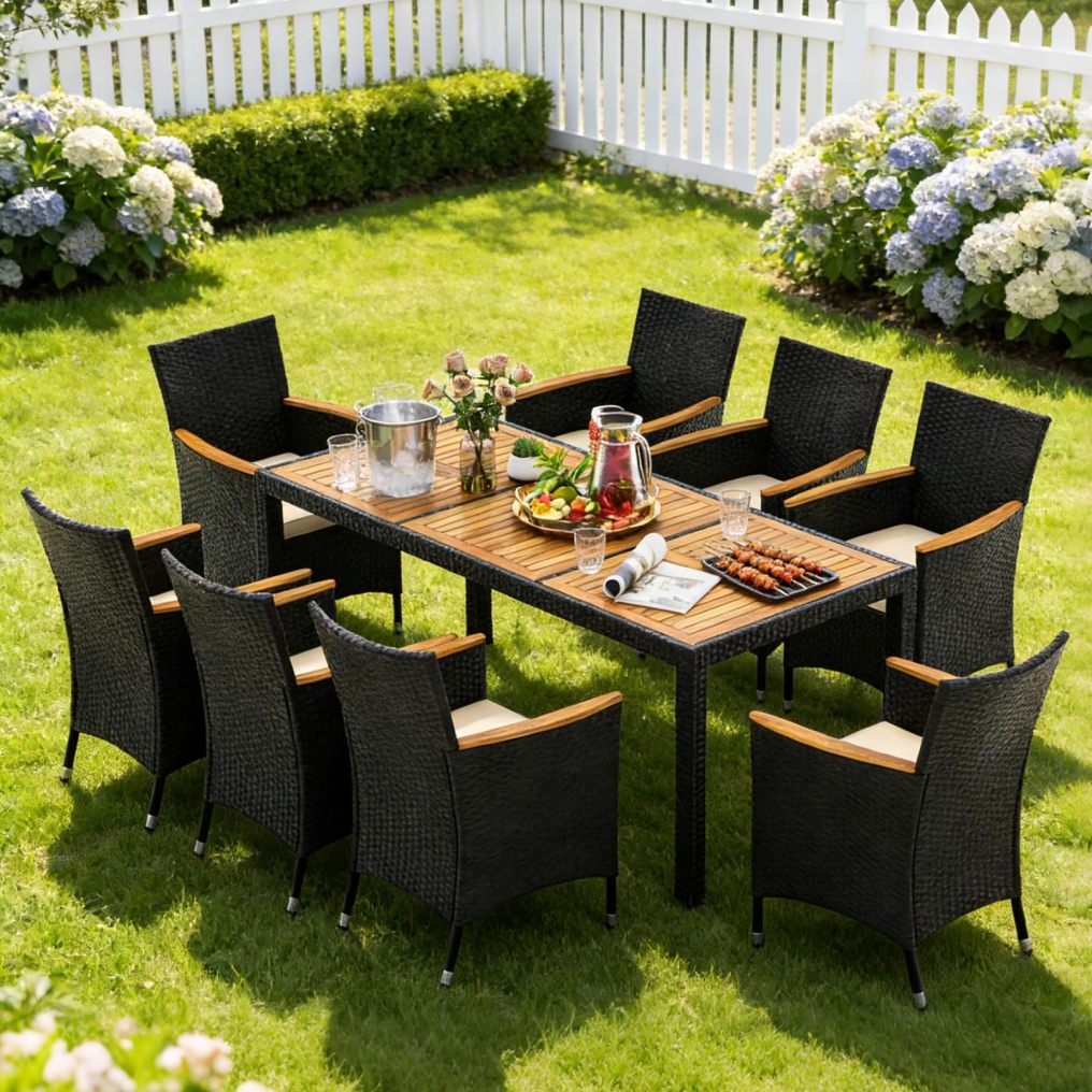 9 Piece Outdoor Rattan Wicker Table and Chairs Furniture Set with Umbrella Hole