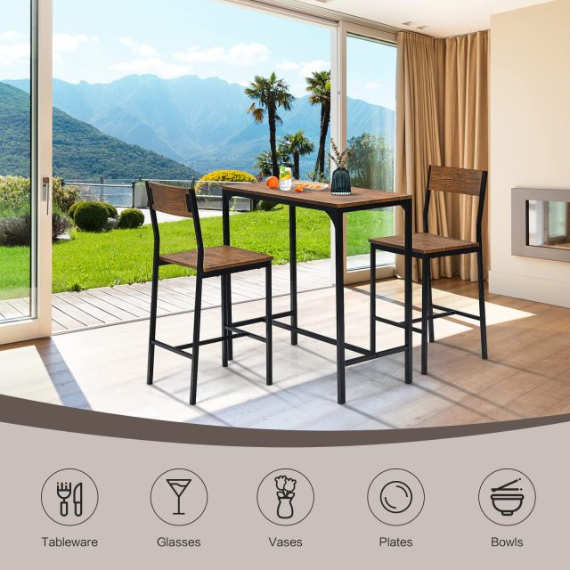 3 Pieces Bar Table Set Pub Table Set W/Heavy Duty Steel Frame