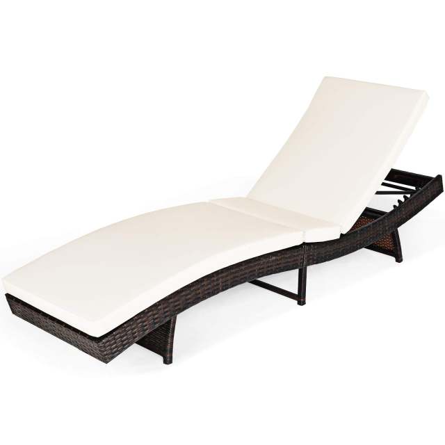 Patio PE Rattan Lounge Chair with 5 Gear Adjustable Backrest & Soft Cushion for Deck