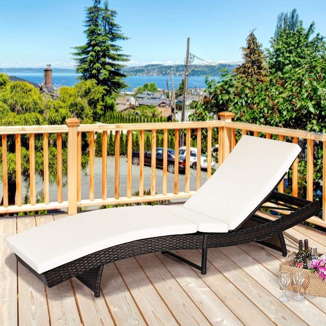 Patio PE Rattan Lounge Chair with 5 Gear Adjustable Backrest & Soft Cushion for Deck