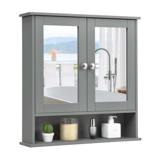 Bathroom Cabinet Wall Mount Wooden Medicine Cabinet with 2 Mirror Doors