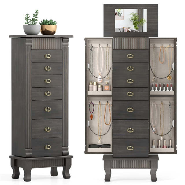 Standing Jewelry Cabinet with 7 Drawers Flip-Top Mirror & 2 Side Doors