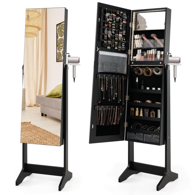 LED Mirror Jewelry Cabinet w/Hairdryer Holder for Living Room