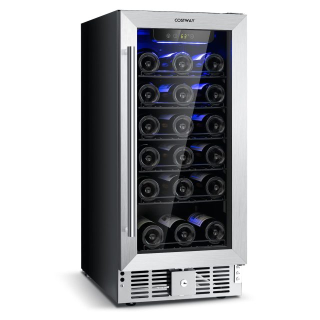 15 Inch Wine Cooler Refrigerator, 30 Bottles Stainless Steel Wine Cellar with Lock, Tempered Glass Door