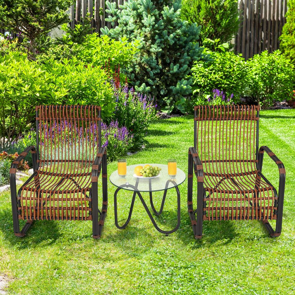 Outdoor Rattan Conversation Sofa Set with 2 Single Wicker Chairs and Tempered Glass Table
