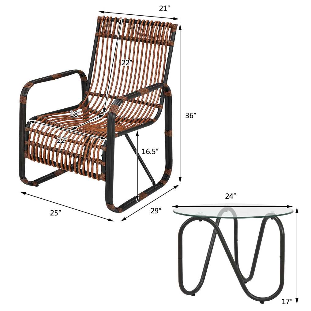 Outdoor Rattan Conversation Sofa Set with 2 Single Wicker Chairs and Tempered Glass Table