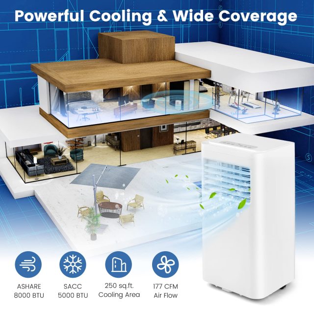 ARLIME Portable Air Conditioners, 8000 BTU AC Unit Fan & Dehumidifier w/Remote Control, 1-24H Timer & 2 Fan Speeds
