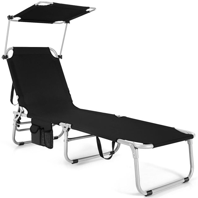 Beach Foldable Chaise Lounge with Canopy Adjustable Backrest & Side Pocket