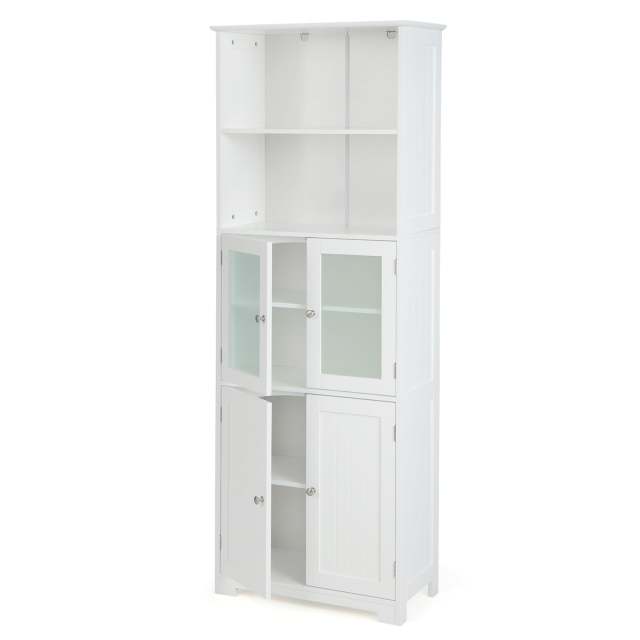 Tall Bathroom Storage Cabinet Freestanding Kitchen Pantry Cabinet with Glass Doors and Adjustable Shelf