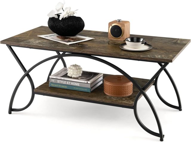 2-Tier Coffee Table Industrial Wood Accent Table with Storage Shelf and Black Finished Metal Frame