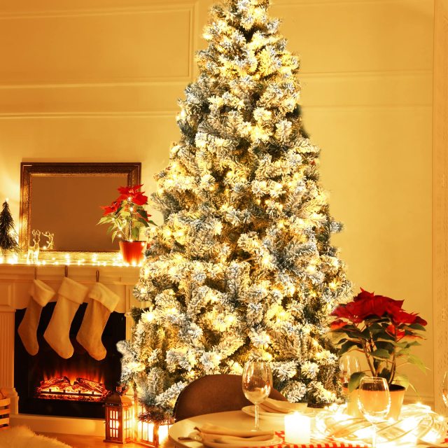 Pre-Lit Premium Snow Flocked Hinged Artificial Christmas Tree