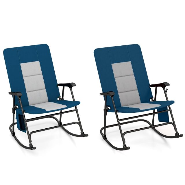Oversized Folding Rocking Camping Chair Padded Portable Outdoor Rocker with Side Pocket and Hard Armrests for Patio