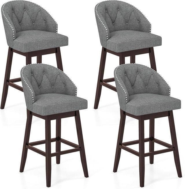 31" Bar Stools Set of 2 Swivel Bar Stools with Rubber Wood Legs & Padded Back