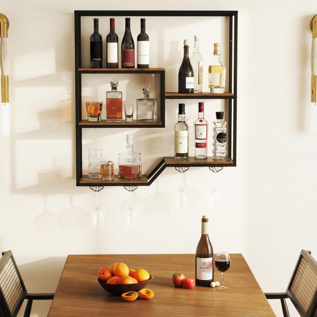 Wine Rack Wall Mounted with 4 Wine Glass Holders & Sturdy Metal Frame