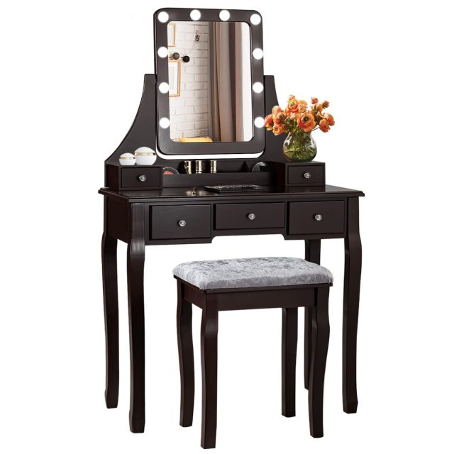 Vanity Table Set with LED Lights 360° Swivel Mirror