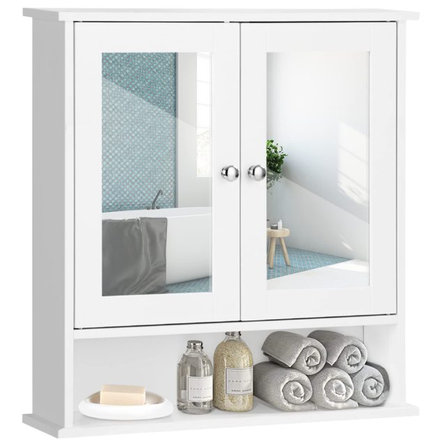 Bathroom Cabinet Wall Mount Wooden Medicine Cabinet with 2 Mirror Doors