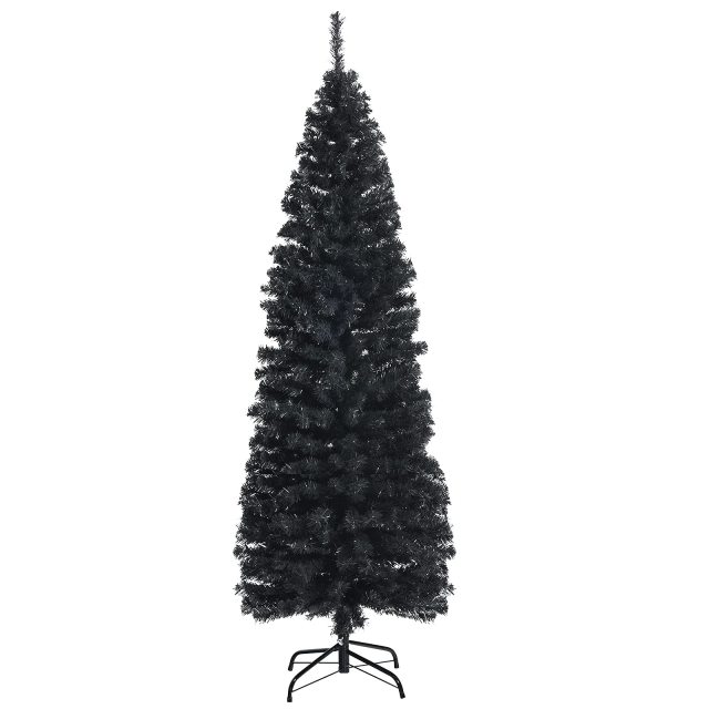6FT Snow Flocked Pencil Slim Christmas Tree Artificial Hinged Xmas Tree with Metal Stand