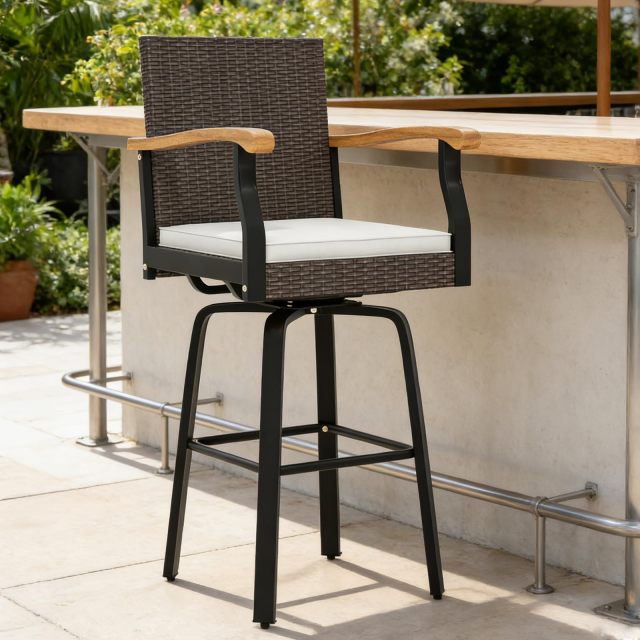 29'' Swivel Rattan Wicker High Top Chairs with Acacia Wood Armrest