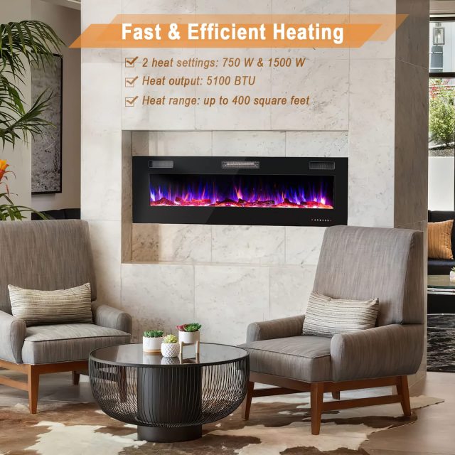 ARLIME 60 Inches Ultra-Thin Electric Fireplace 750W/1500W Recessed & Wall Mounted