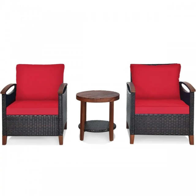 3PCS Patio Rattan Furniture Set with Round Table for Garden Porch Backyard Poolside