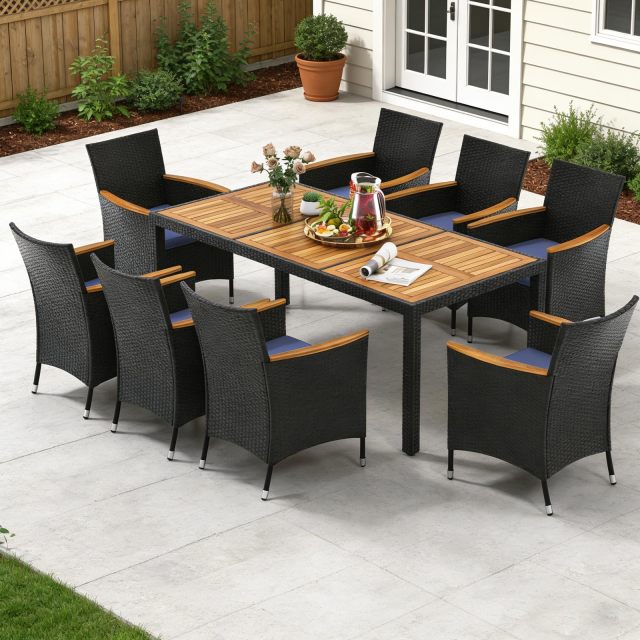 9 Piece Outdoor Rattan Wicker Table and Chairs Furniture Set with Umbrella Hole