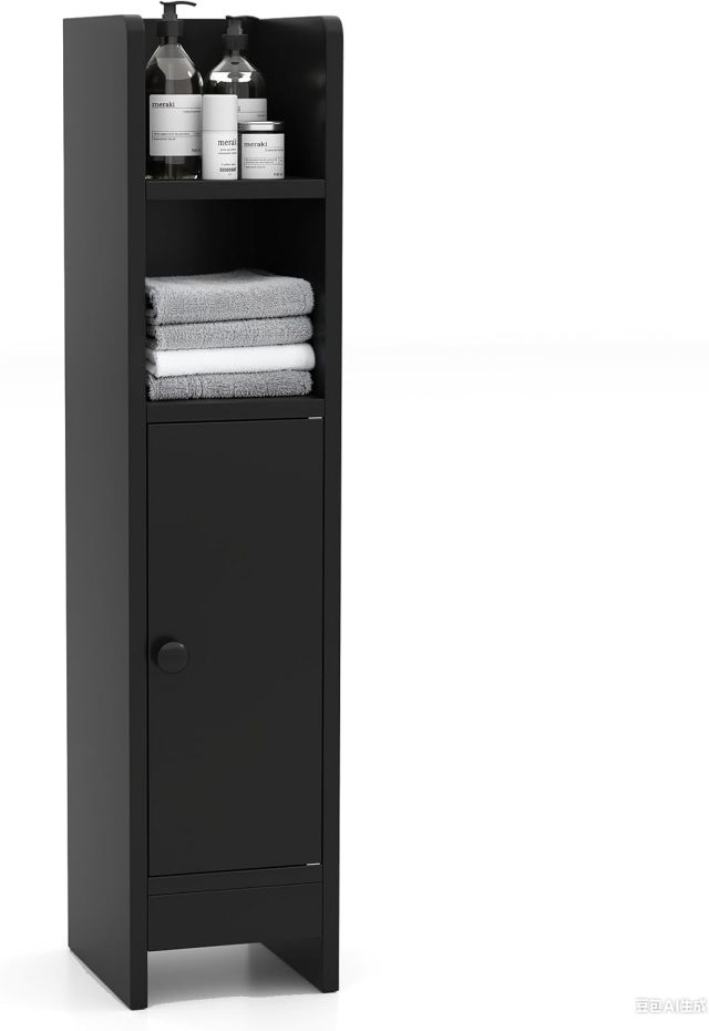 Small Bathroom Storage Cabinet | Slim Corner Floor Cabinet with Door and Adjustable Shelf