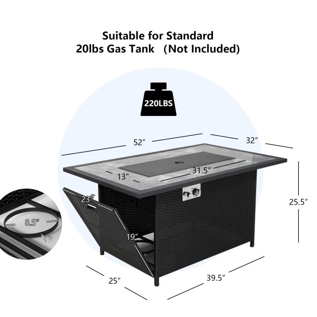 52" Patio Propane Fire Pit Table 50,000 BTU Outdoor Fire Table