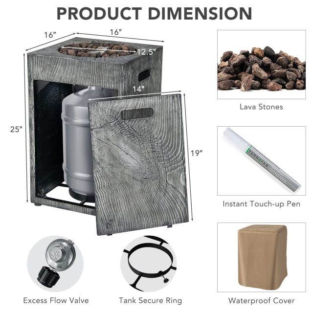 16-Inch Outdoor Propane Fire Pit 30,000 BTU Patiojoy Electronic Ignition Square Gas Fire Pit with Protective Cover