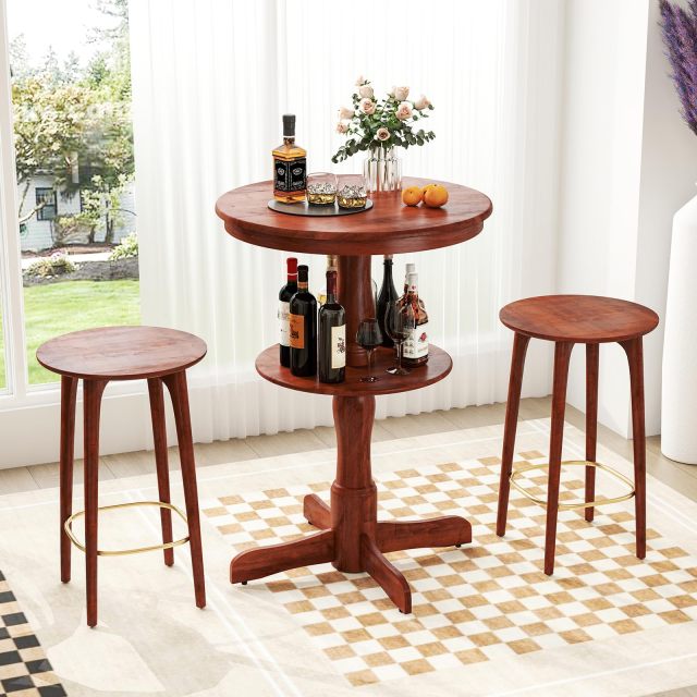 Bar Table Set 2-Tier Round High Top Table with Storage Shelf & Pedestal Base