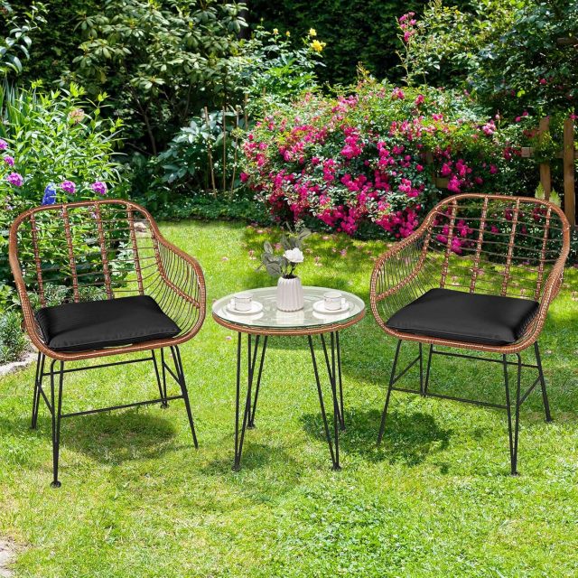 3 Pieces Patio Bistro Set Outdoor Rattan Conversation Seating Chair Set with Coffee Table & Soft Cushions