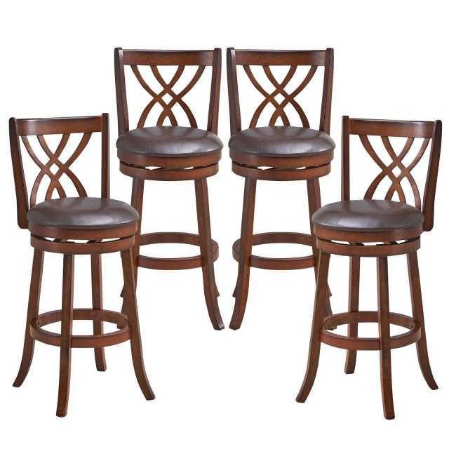 360° Swivel Chairs with Rubber Wood Frame PU Leather Cushioned Seat and Footrests Modern Barstools for Kitchen Island