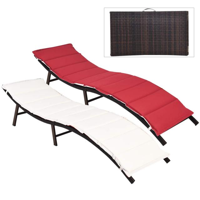 2PCS Patio Rattan Folding Lounge Chair Chaise Stackable Double Sided Cushion