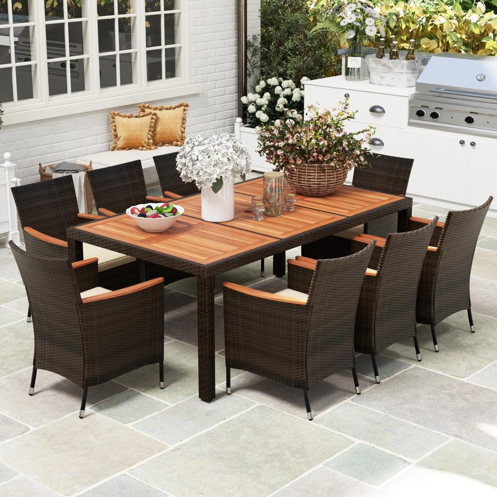 9 Piece Outdoor Rattan Wicker Table and Chairs Furniture Set with Umbrella Hole
