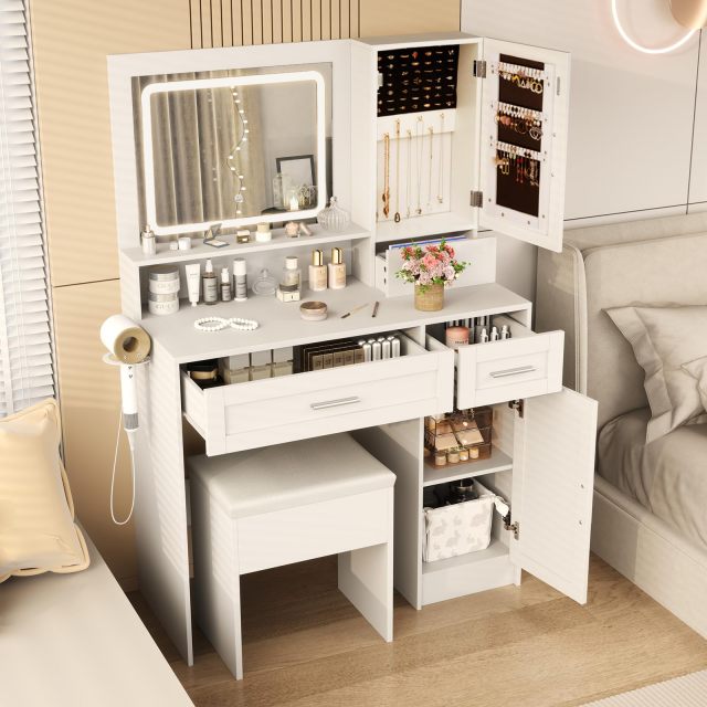 35.5'' Farmhouse Dressing Table with Jewelry Cabinet