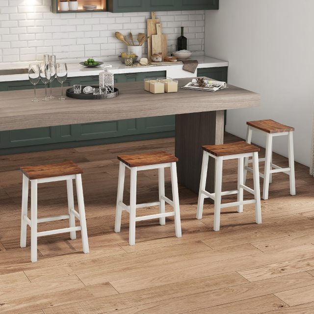24.5 Inch Bar Stools Set of 2/4 Solid Wood Saddle Stools w/Footrests