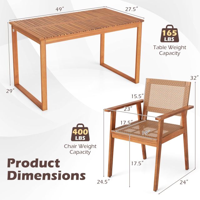 5 Pieces Acacia Wood Table and Armchairs Set with Rattan Backrest and Seat