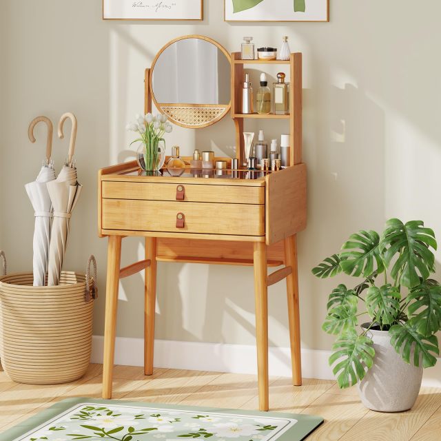 Vanity Desk with Mirror | Bamboo Makeup Vanity Set w/ 2 Drawers