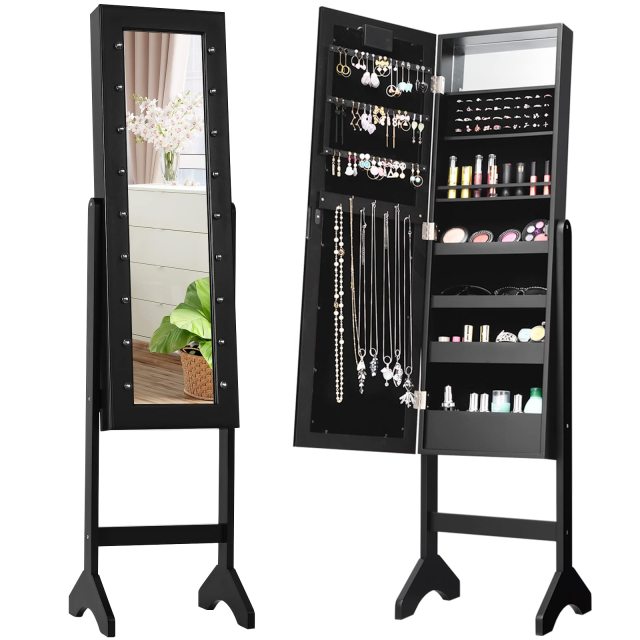 Jewelry Armoire with 18 LED Lights Standing Jewelry Organizer