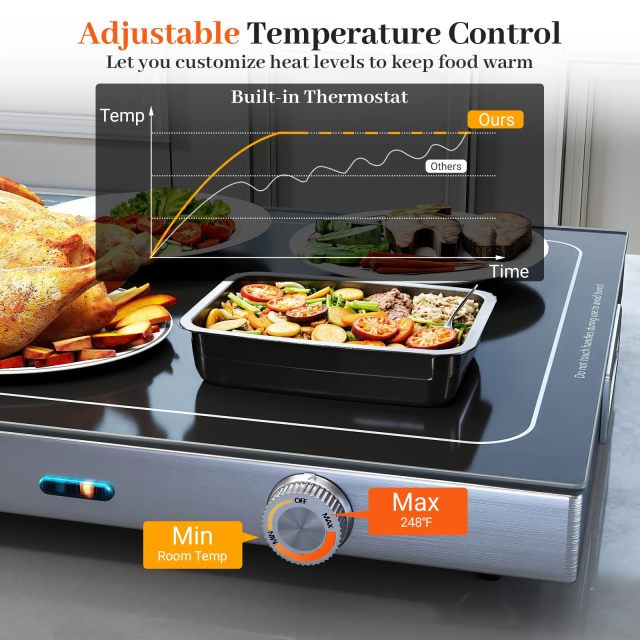 Electric Warming Tray with Adjustable Temperature & Built-in Handles