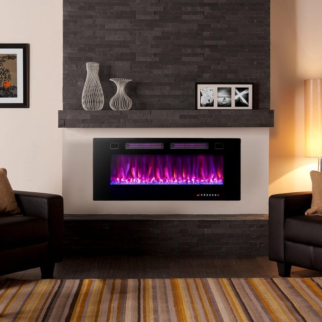 Ultra Thin Electric Fireplace 42 inch Wide with 12 Flame and Flame Bed Color