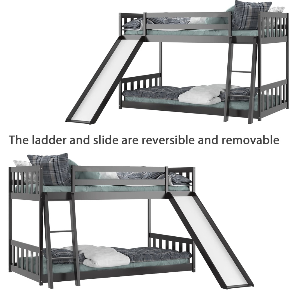 KOMFOTT Wood Bunk Bed Twin Over Twin, Bunk Bed Frame w/ Convertible Slide, Inclined Ladder & Safety Guardrails for Kids
