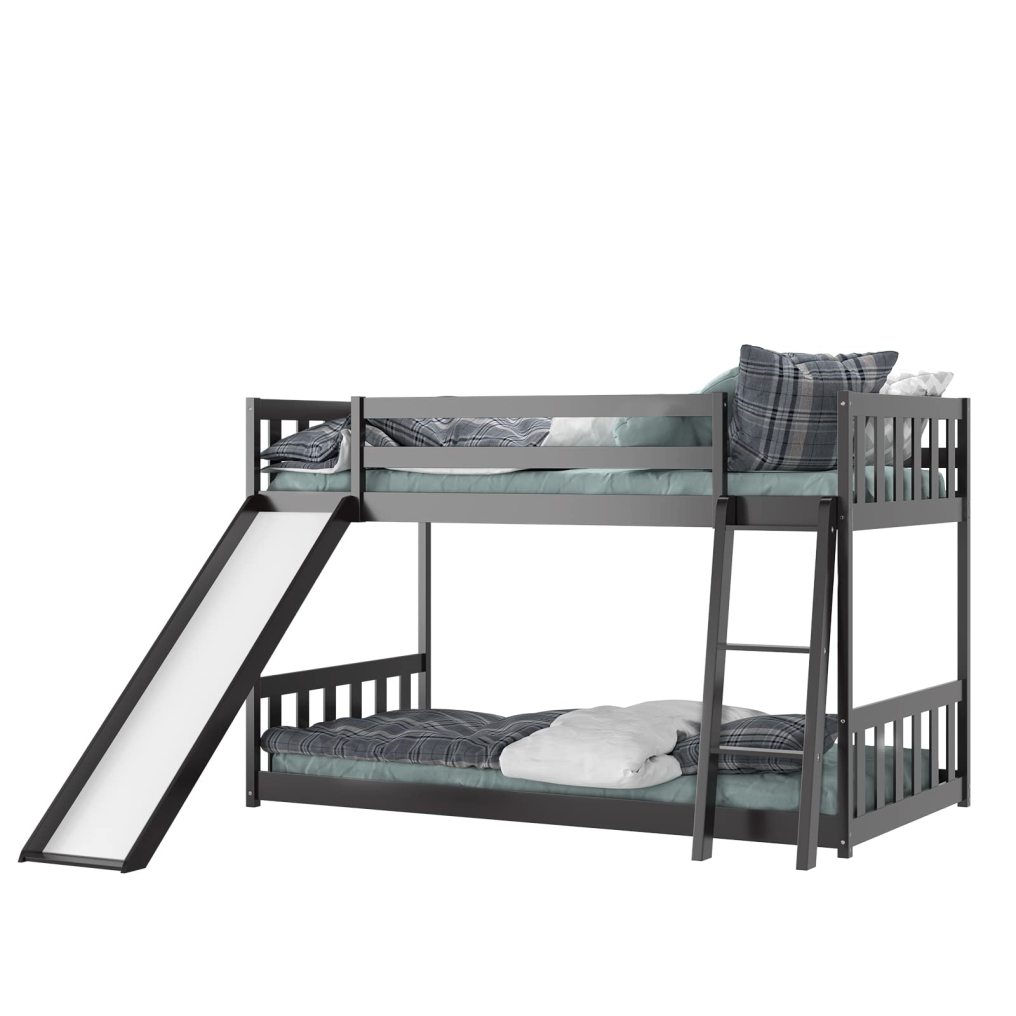 KOMFOTT Wood Bunk Bed Twin Over Twin, Bunk Bed Frame w/ Convertible Slide, Inclined Ladder & Safety Guardrails for Kids